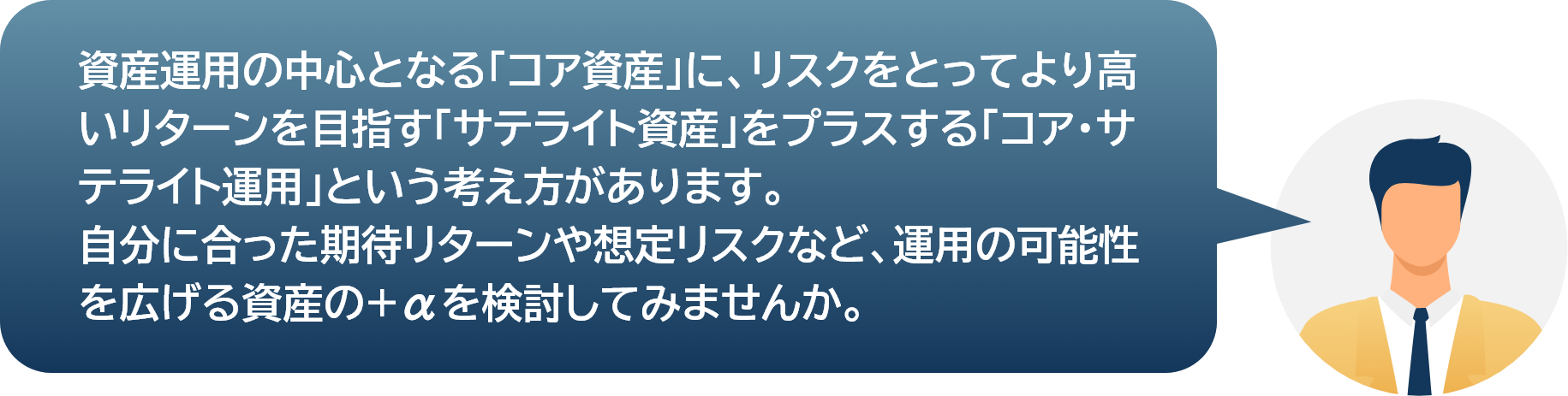 資産運用の中心となる「コア資産」に、リスクをとってより高いリターンを目指す「サテライト資産」をプラスする「コア・サテライト運用」という考え方があります。自分に合った期待リターンや想定リスクなど、運⽤の可能性を広げる資産の+αを検討してみませんか。